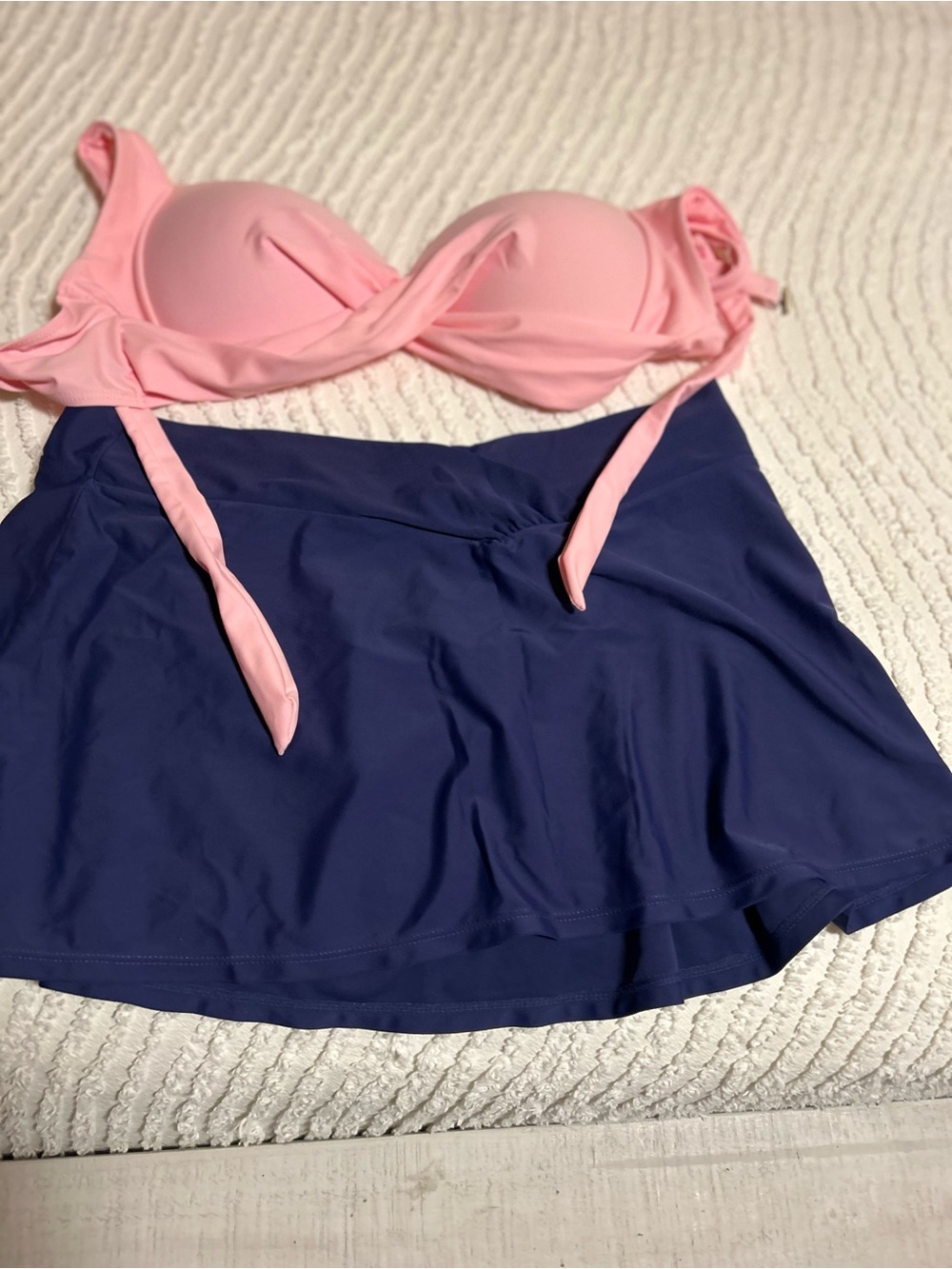 Pink Bikini Top with Navy Swim Skirt